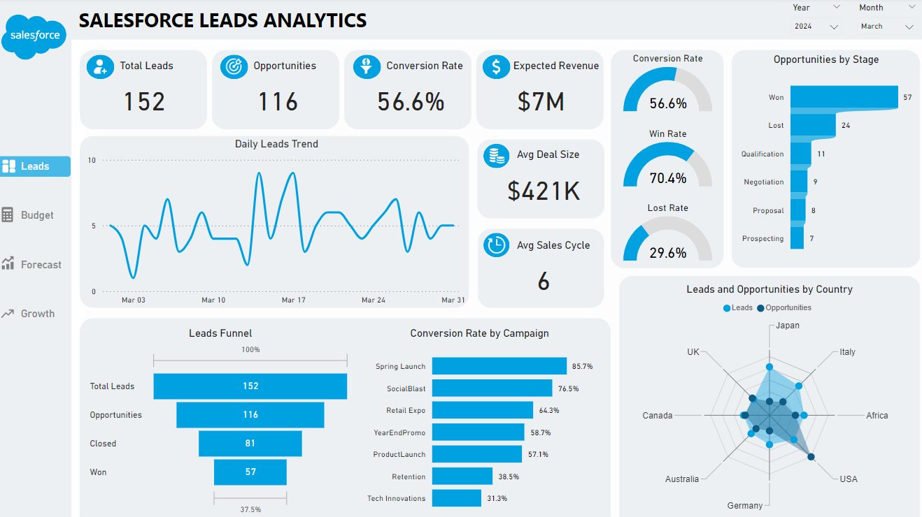 Salesforce Leads Analytics Dashboard Power BI dashboard example