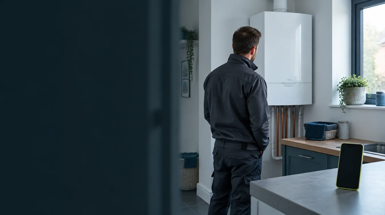 Illustrative scene of a heating engineer at work with a phone nearby.